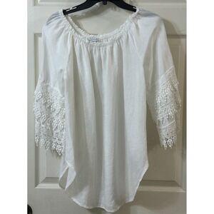 Saks Fifth Avenue Wmns M 100% Linen Top Crochet Lace Sleeves Coastal Boho *EUC*